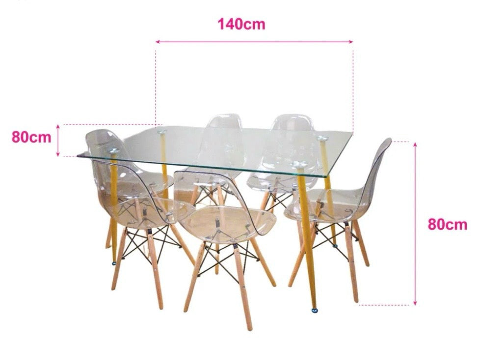 Comedor de 6 sillas Nórdicas Trasparentes + Mesa Rectangular