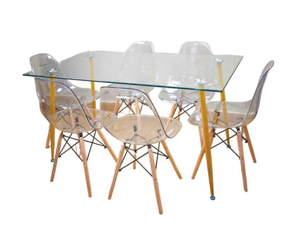 Comedor de 6 sillas Nórdicas Trasparentes + Mesa Rectangular