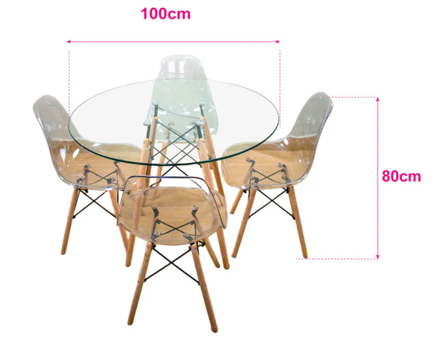 Comedor de 4 sillas Nórdicas + Mesa redonda con tope de cristal