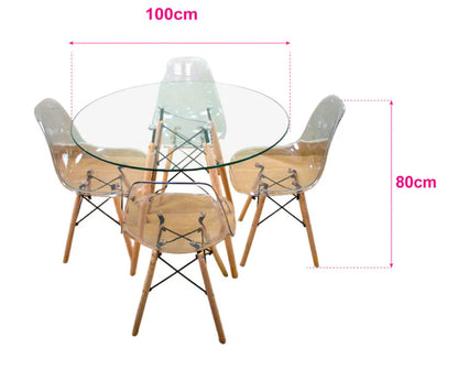 Comedor de 4 sillas Nórdicas + Mesa redonda con tope de cristal