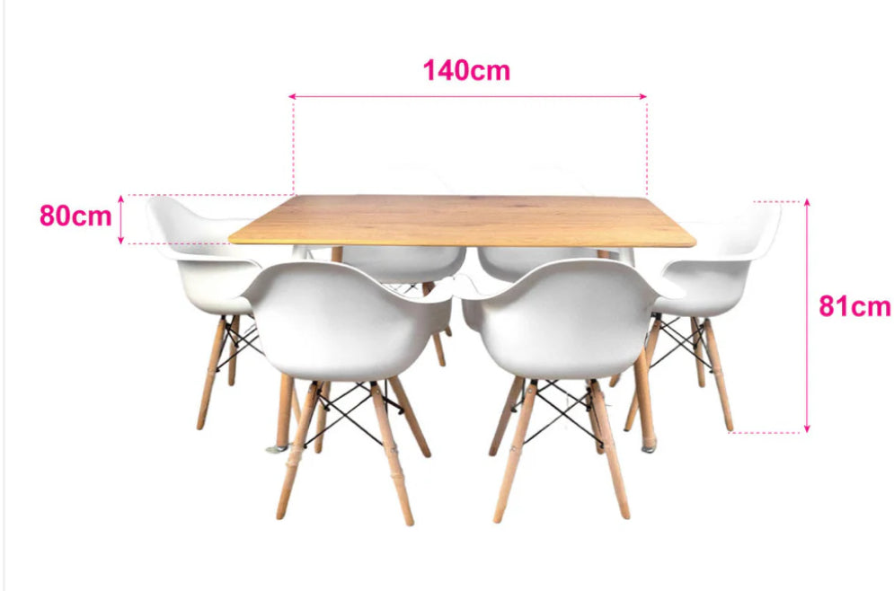 Comedor rectangular de madera laminada + 6 butacas NÓRDICAS